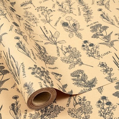 Vintage Kraft Wild Flower Wrapping Paper Roll, Mini Roll, Black Botanical Herb L