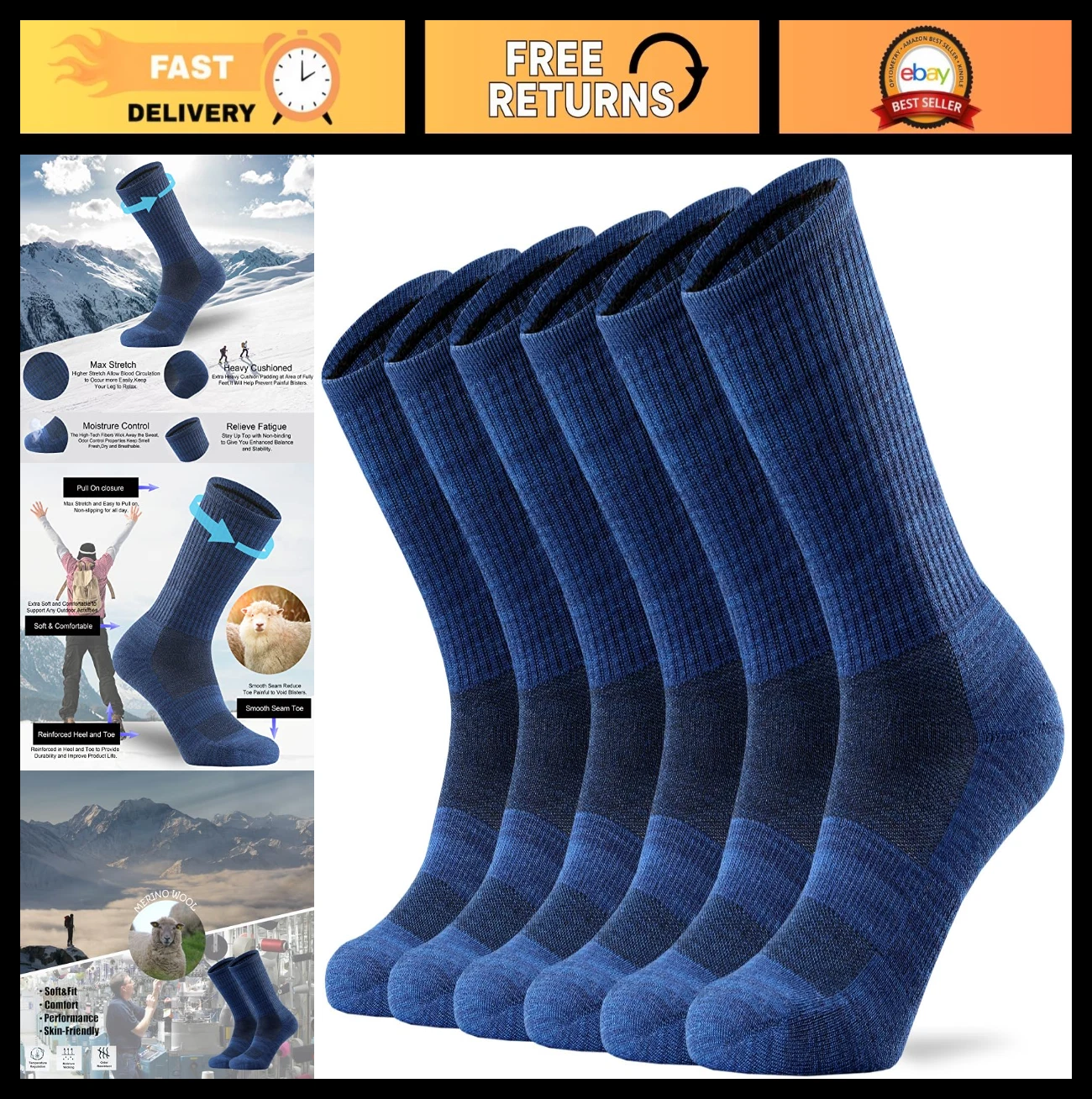Men's Merino Wool Cushioned Crew Socks - Lightweight, Moisture Control, Hiking C
