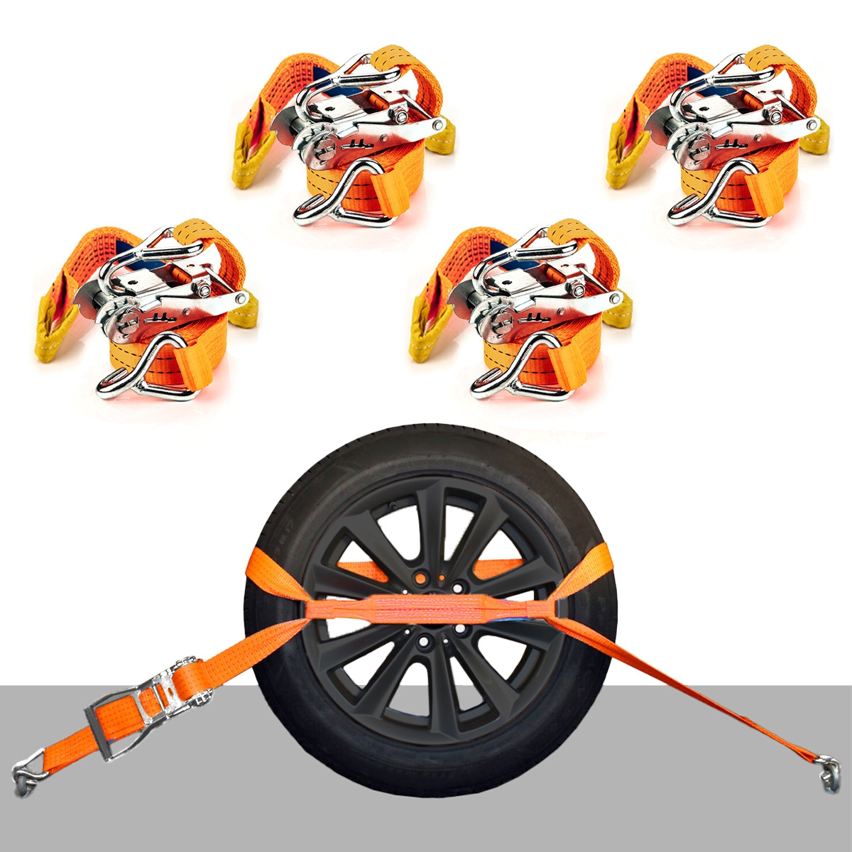 Car 4 Piece Set Lashing Strap Auto Transport Wheel Lock 3M Ratchet Belt 2000kg