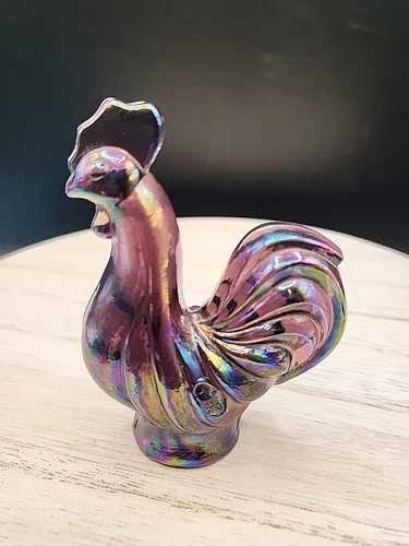 FENTON Rooster Amethyst  Carnival Glass 2.5” Miniature Figurine Irridescent