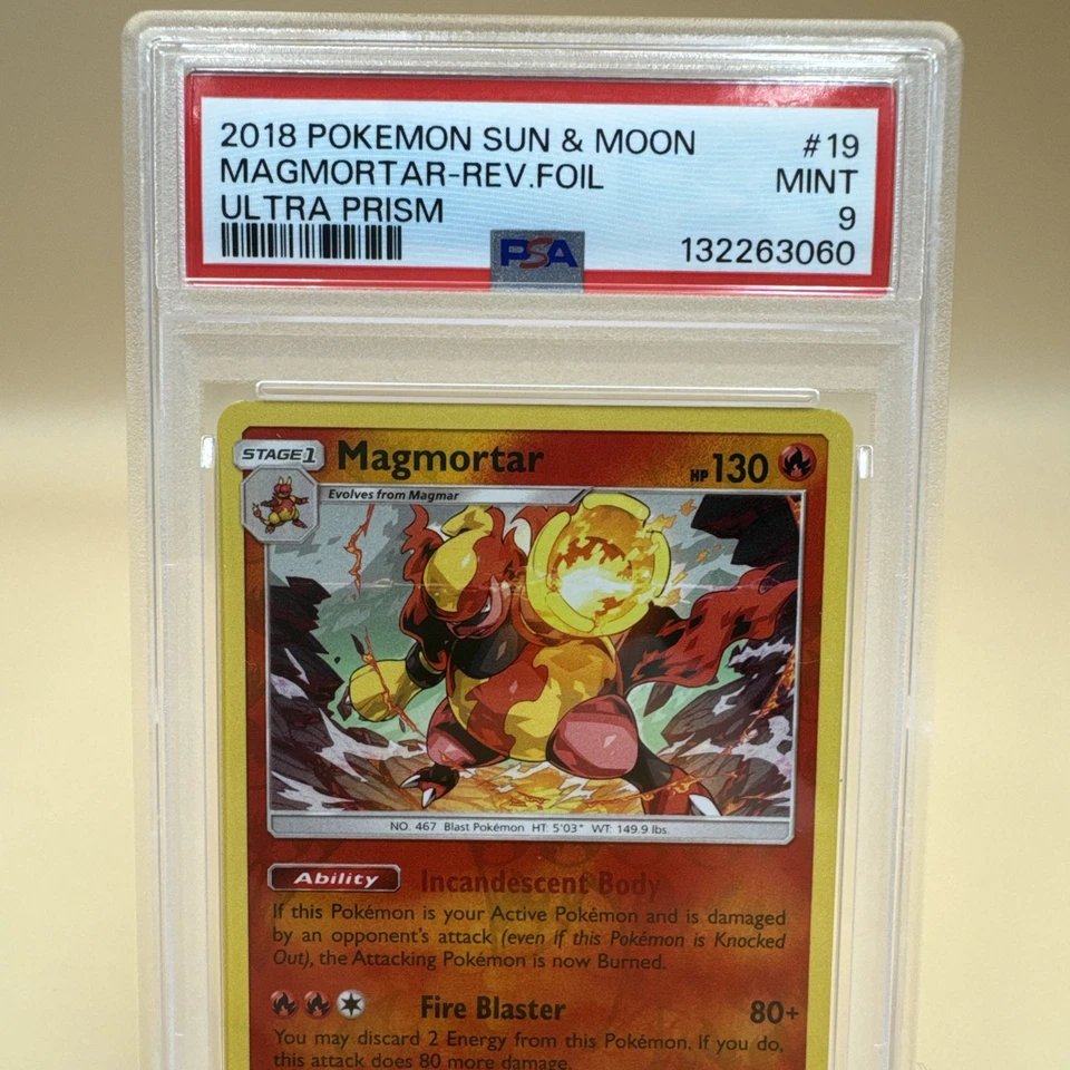 2018 Pokemon Sun & Moon Ultra Prism Magmortar 19/156 Rare Reverse Holo PSA 9 - Image 2 of 4