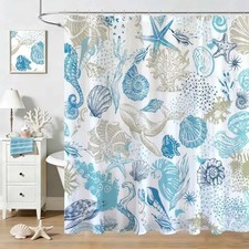 Nautical Coastal Shower Curtain Ocean Seashell Starfish Coral Bathroom Shower