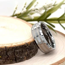 8mm Tungsten Carbide Wedding Band Dual Stripe High Polished Scratch-Proof Ring
