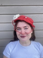 1950  s Original Antique Retro Ladies Red Vintage Hat With Veil Netting