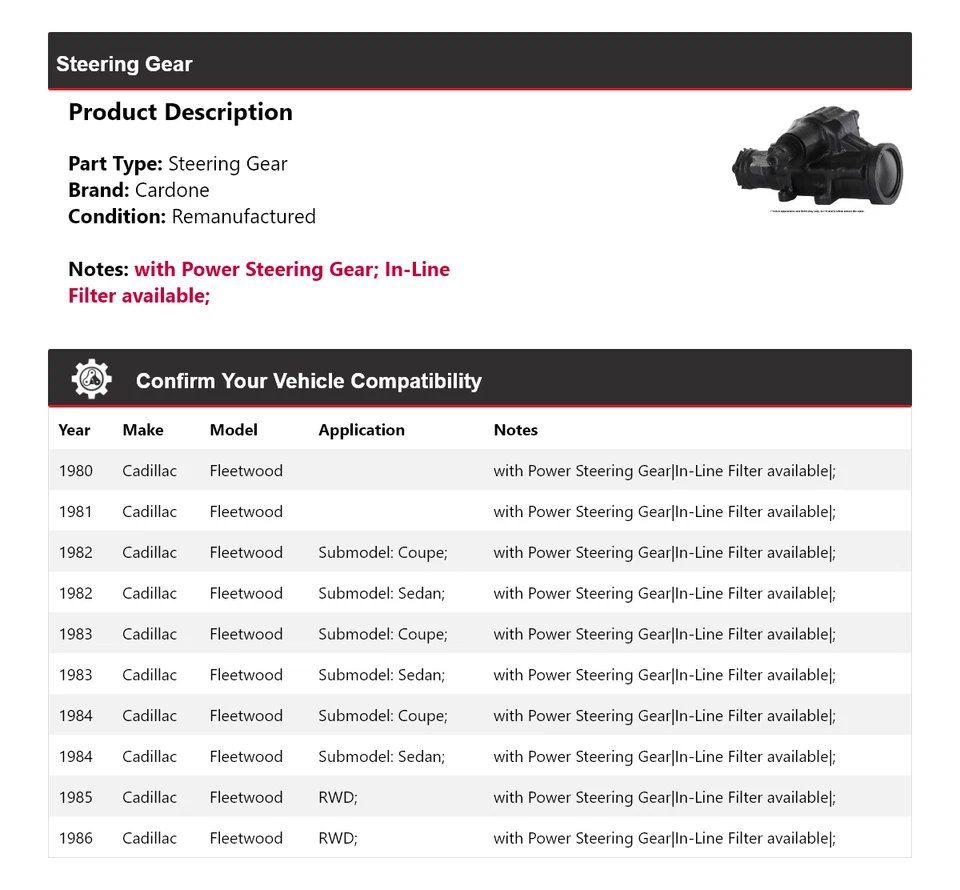Para Cadillac Fleetwood 1980-1986 engranaje de dirección Cardone 1981 1982 1983 1984 1985 Foto 2 de 4