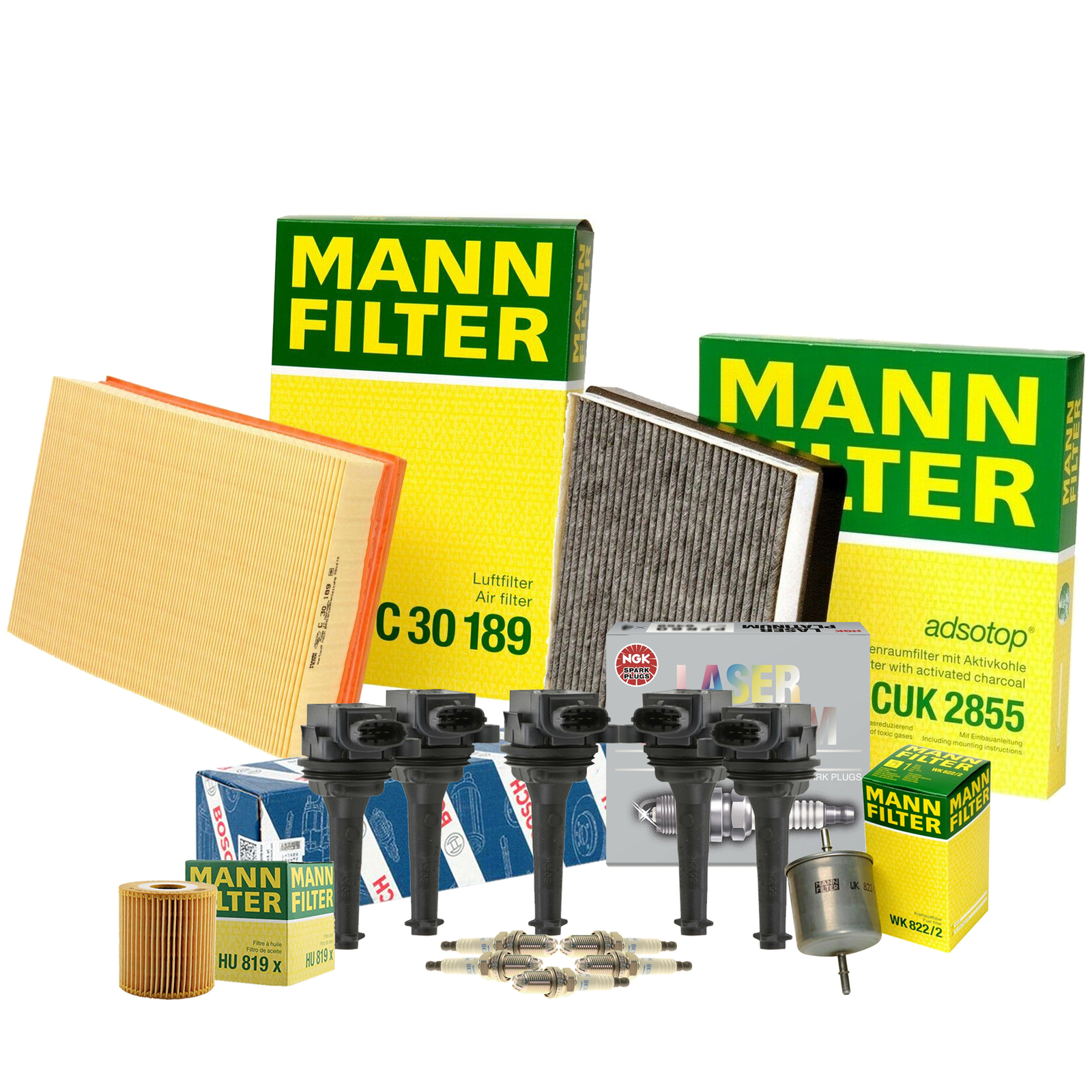 Mann Filters Bosch 5 Coils NGK 5 Laser Platinum Spark Plugs TuneUp Kit For Volvo