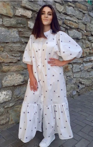 ZARA OYSTER WHITE PUFF SLEEVE MARIE FLORAL EMBROIDERED POPLIN RUFFLED MIDI DRESS - Picture 6 of 24