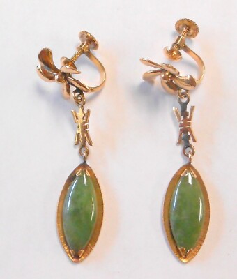 Vintage Ty Lee Signed TYL Green Jade 14K Yellow Gold Floral Dangle Earrings 46mm