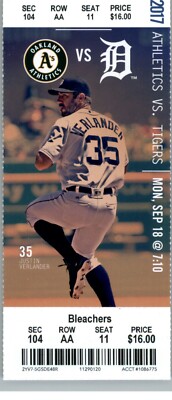 Oakland Athletics vs Detroit Tigers 9/18/2017 Full Ticket - Justin Verlander