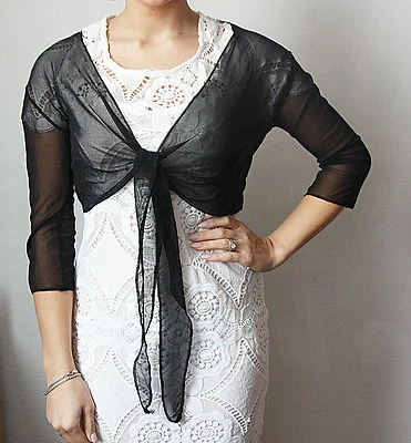 MARKENLOS BOLERO ÜBERWURF BRAUTSTOLA 3/4 ÄRMEL ZUM BINDEN aus Spitze ODER Netz Stoff
