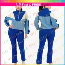Women Tanksuit Sportwear Hooded Sweatshirt Blocked Jacket W/flare Pants Set