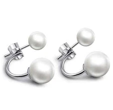 925 Sterling Silver Double Sea Shell White 6/9mm Pearl Stud Earrings Gift Box A5