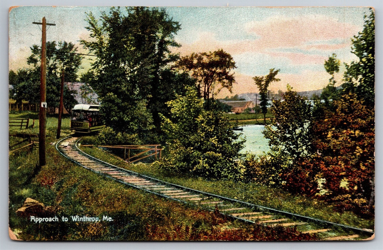 Passenger Car Approaching Winthrop Maine C1909 Postcard P26