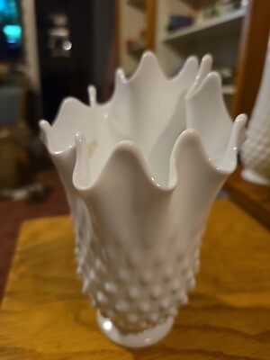 Fenton Milk Glass Hobnail Handkerchief Waved Top Footed Vase  7 7/8'' Tall