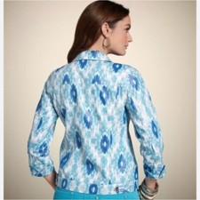 Chico's Artistic Ikat Hannalee Linen Blend Jacket Women Medium 1 Blue Silver