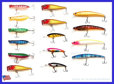 LOT OF 15 FISHING LURES TOP WATER POPPER CRANKBAIT HARD SWIMBAIT  WOBBLER
