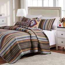 NEW COZY CABIN BROWN BLUE RUST ORANGE GREEN LODGE SOUTHWEST STRIPE QUILT SET