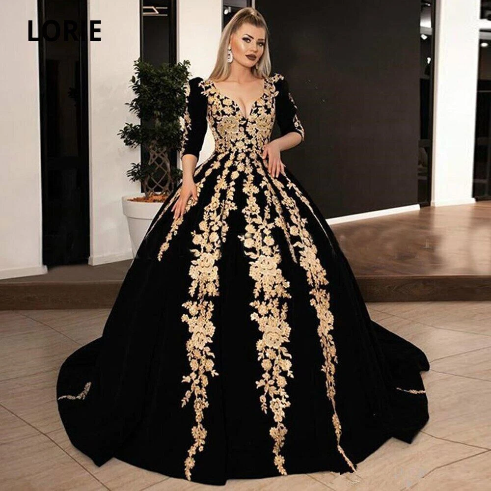 Black Velvet Formal Evening Dresses Sparkly Gold Lace Applique Arabic Prom  Gowns