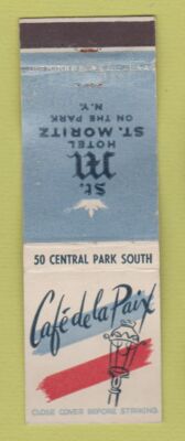 Matchbook Cover - Cafe De la Paix Hotel St Moritz New York City WEAR