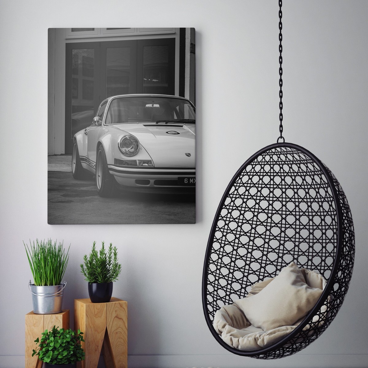 Vintage White Porsche 911 Black & White Sports Car Retro Canvas