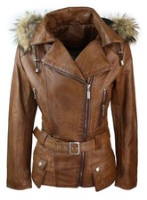 Aviatrix Ladies Tan Brown Real Fur Hooded Parka Leather Jacket Coat Timber S
