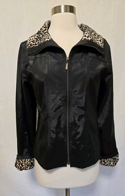 Y2k Vintage Womens Black Nylon Jacket With Leopard Print Collar  