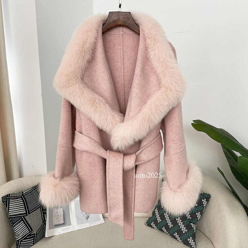 Fox Fur Collar Cuffs Wool Coat Womens Winter New Double-sided
