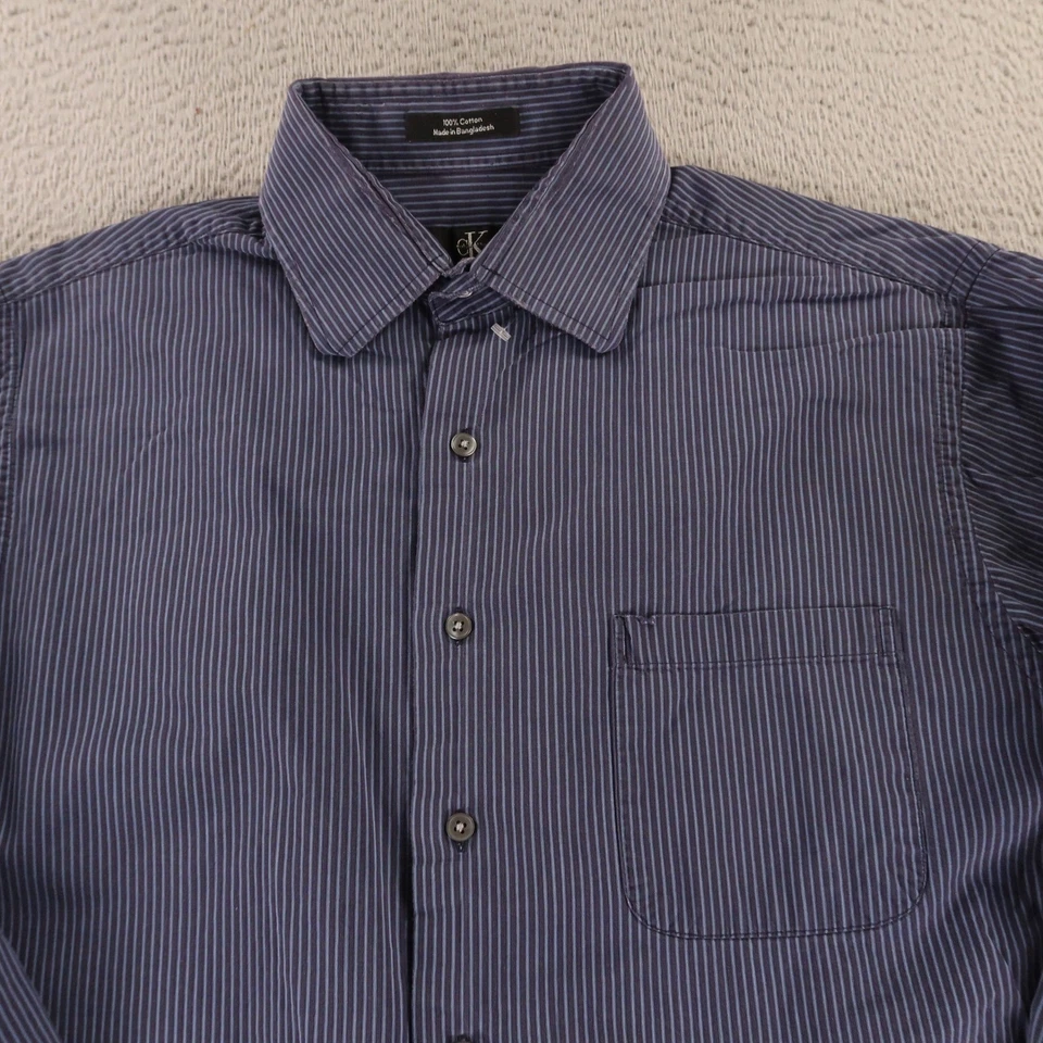 Camisa Calvin Klein Para Hombre L 16.5 Azul Rayas Algodón Manga Larga Camisa Abotonada Foto 2 de 4