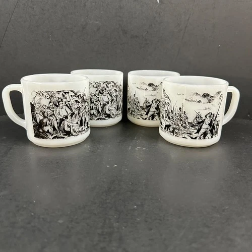 Set of 4 Vintage Federal Glass Battle at Bunker Hill Milk Glass Coffee Mugs