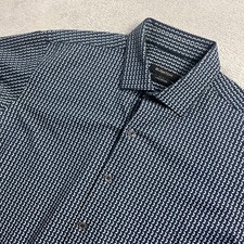 Bugatchi Mens Short Sleeve Button Down Shirt Navy Blue Geometric Leaf Stretch M