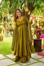 Indian Style German Chiffon Gown Palazzo And Olive Green Dupatta For Women Wear
