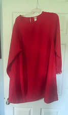 H&M Women’s Red Solid Shift Short Dress Round Neck Beaded Cuffs Zip Sz 14