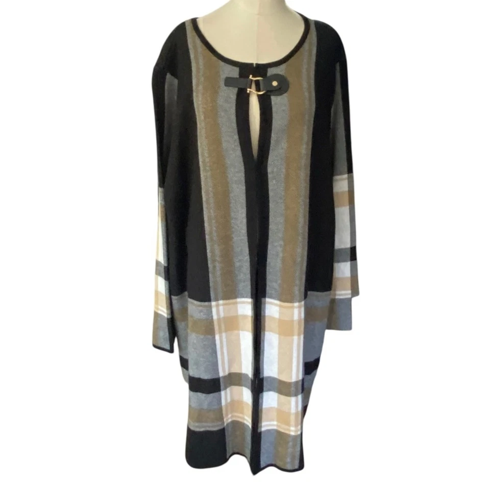 Cárdigan largo abierto Anne Klein imitación cuero camel a presión a cuadros Foto 2 de 4