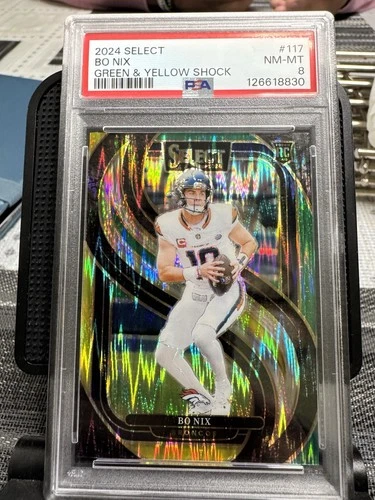 2024 Panini Select - Premier Level Bo Nix #117 Green & Yellow Shock Prizm PSA 8