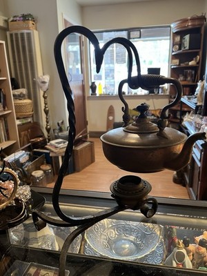 Antique Copper Tea Kettle with Wrought Iron Stand and Burner Warmer