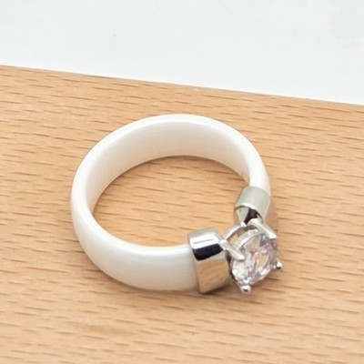  White Ceramic & Brilliant CZ Solitaire Statement Ring