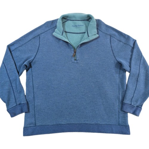 Tommy Bahama Flipside Half-zip Reversible Pullover Sz XL Blue/Teal Waffle Knit