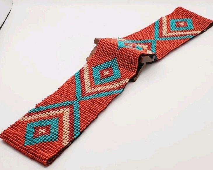 Cinturón para mujer AZTEC Western ELÁSTICO con cuentas broche de madera coral TURQUESA nativo usado en excelente estado Foto 4 de 4