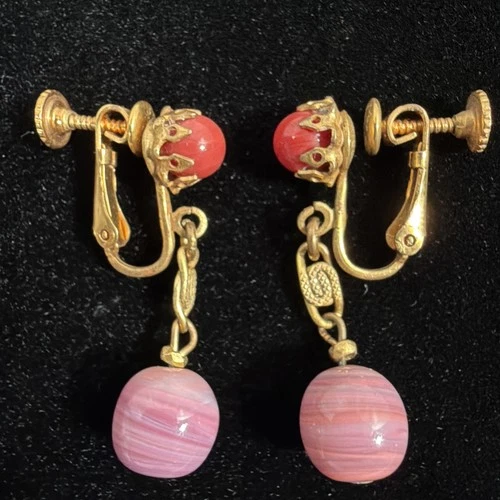 Vintage Haskell Gold Tone Pink Red Glass Dangle Screw Back Earrings