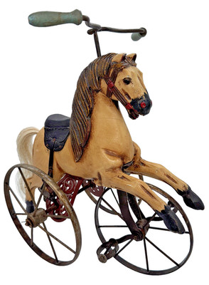 Antique Wooden Horse Tricycle Push Toy Folk Art Metal Wheels Carved Wood