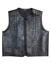 Men's Motorcycle Motorbike Black Crocodile Embossed Real Leather Biker Club Vest