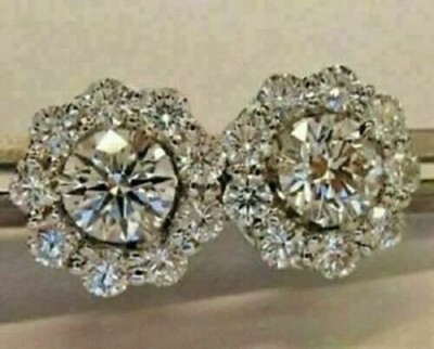 4Ct Round Lab-Created Diamond Flower Halo Stud Earring 14K White Gold Over