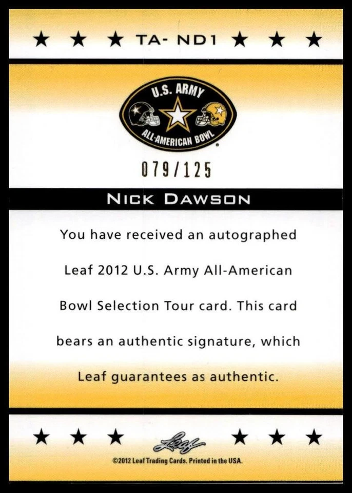 2012 Leaf US Army All-American Bowl #TA-ND1 Nick Dawson Auto /125 - Image 2 of 2
