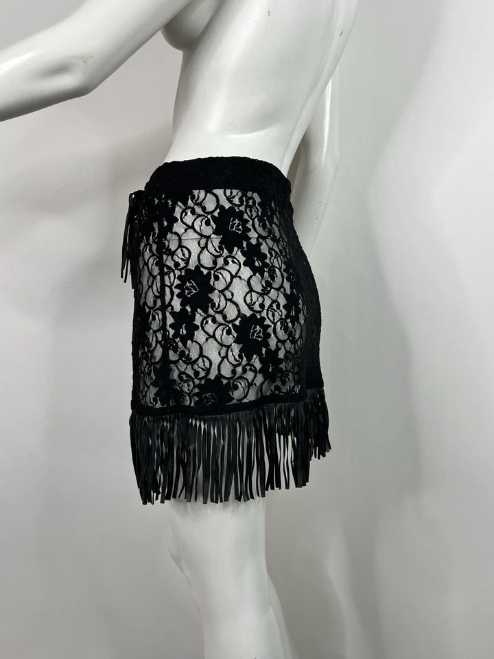 Винтажная черная прозрачная кружевная кожаная юбка с бахромой Dolce & Gabbana D&G SS2000 40 S - Изображение 3 из 4