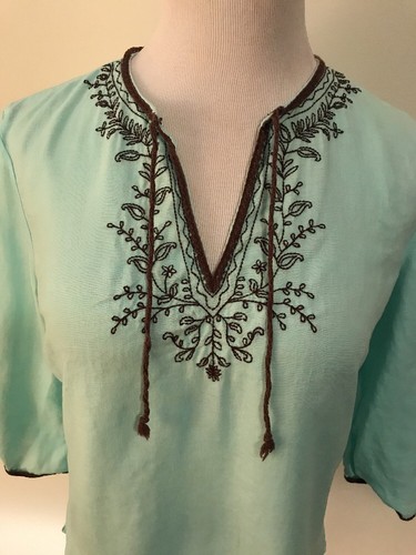 Petit haut paysan GAP bleu marron brodé manches 3/4 BOHO 100% lin - Photo 4/5