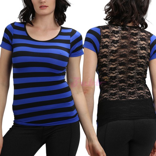 Women Stripe Tops Floral Lace Back T-Shirt Slim Fit Mesh Tee Shirt Short Sleeves - Picture 11 of 13