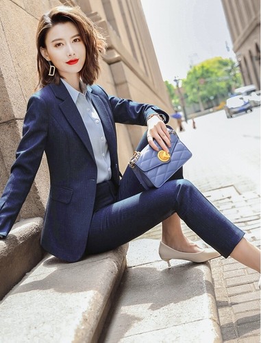 Tailleur completo blu elegante giacca manica lunga pantalone 4919 | eBay
