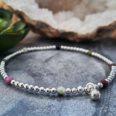 Inka 925 Sterling Silber Handarbeit Perlen Fußkettchen mit Turmalin und Glocke Anhänger