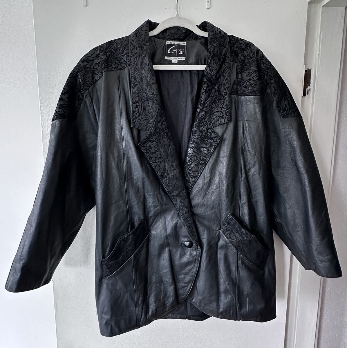 Vintage Global Identity G-III Embossed Leather Jacket Womens