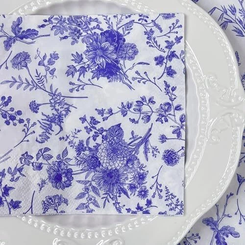 Servilletas de cóctel florales azules de 25 piezas - Servilletas de papel higiénico azules y blancas para Brid Foto 4 de 4